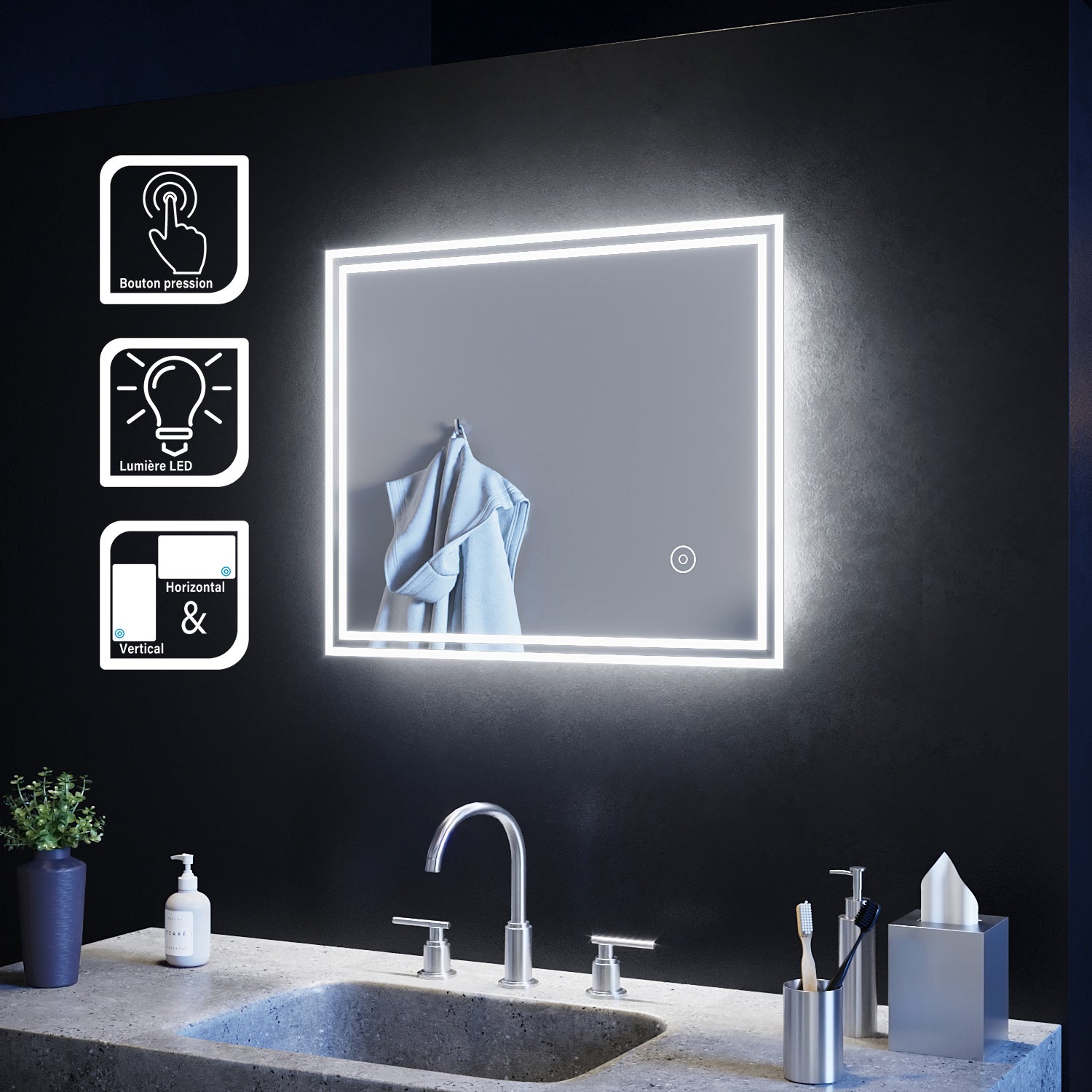 SIRHONA Miroir LED avec éclairage LED Miroir Salle de Bain Miroir Muraux Cosmétiques Mural Lumière Illumination - SIRHONA