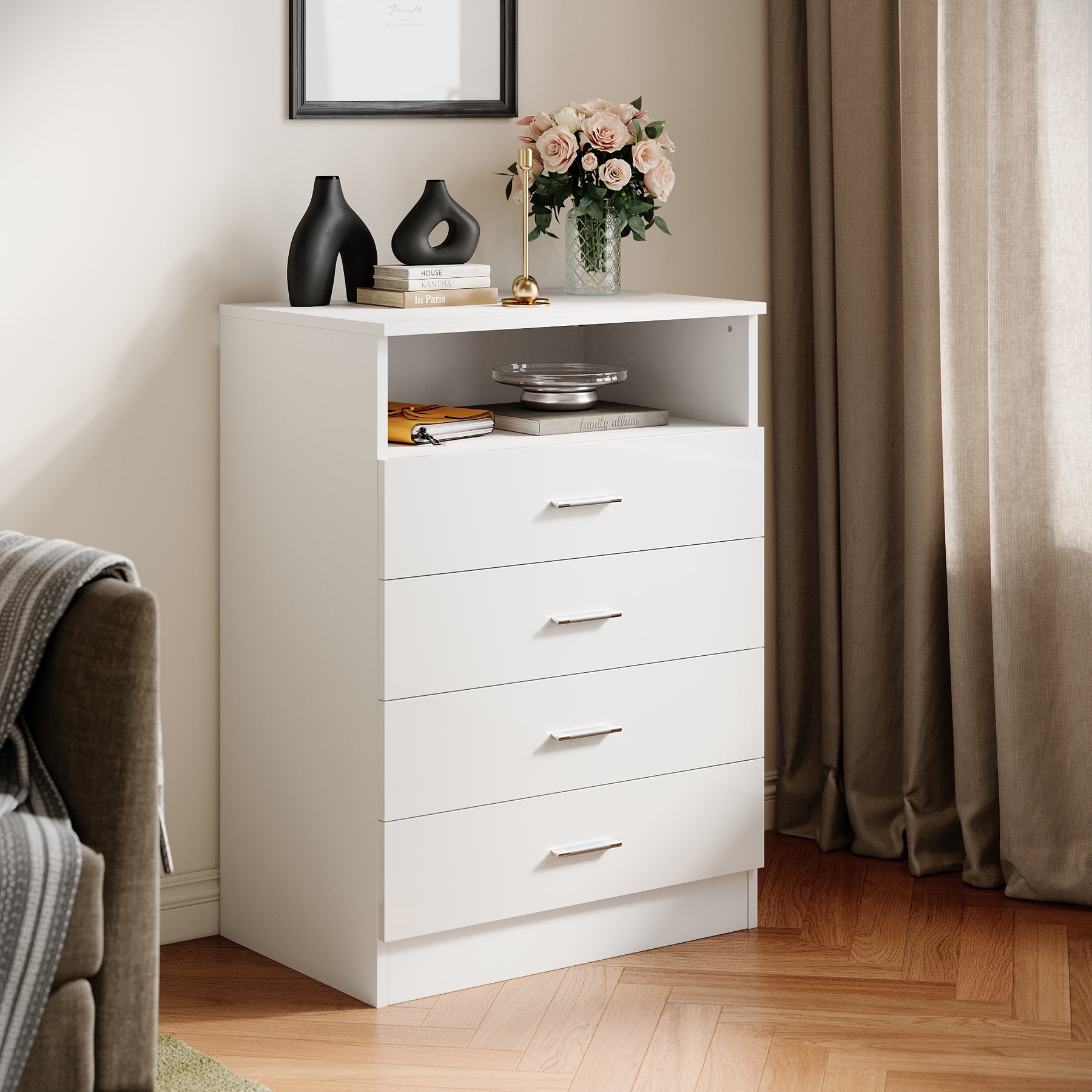 SIRHONA Commode Verticale LED 4 Tiroirs Blanche Brillante W 60 x D 40 x H 83 cm - SIRHONA