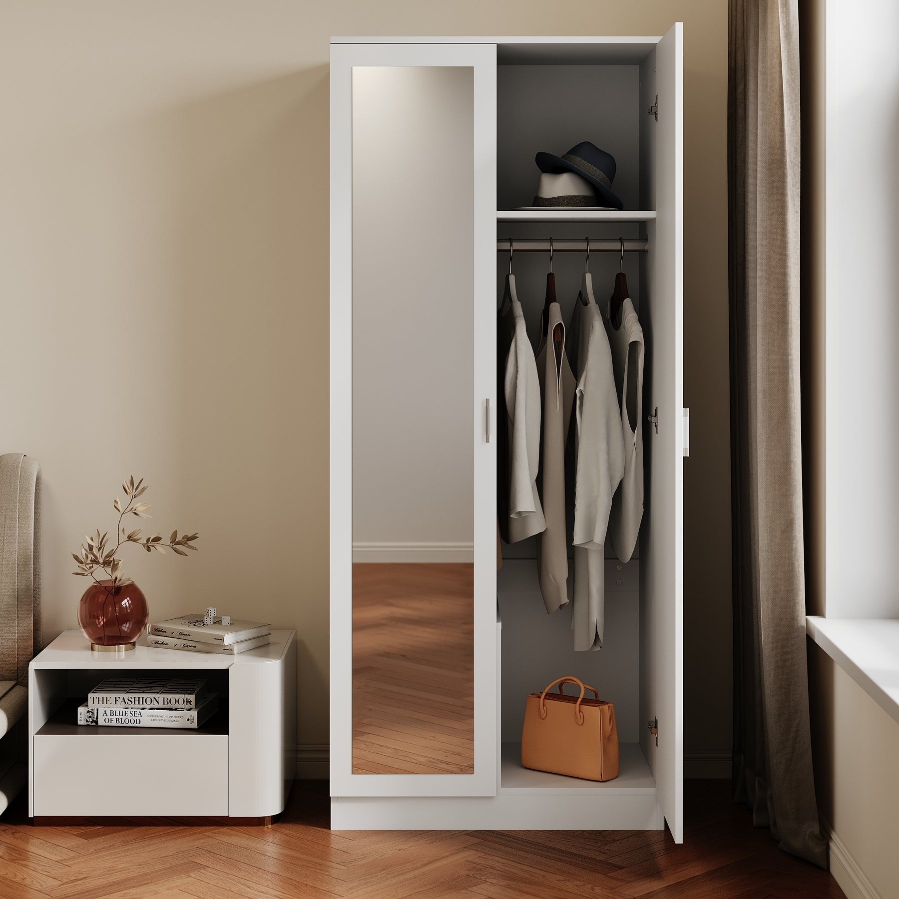 Armoire moderne 2 portes avec beaucoup d'espace de rangement, armoire polyvalente à portes battantes en blanc avec porte miroir, 76 x 47x 180cm - SIRHONA