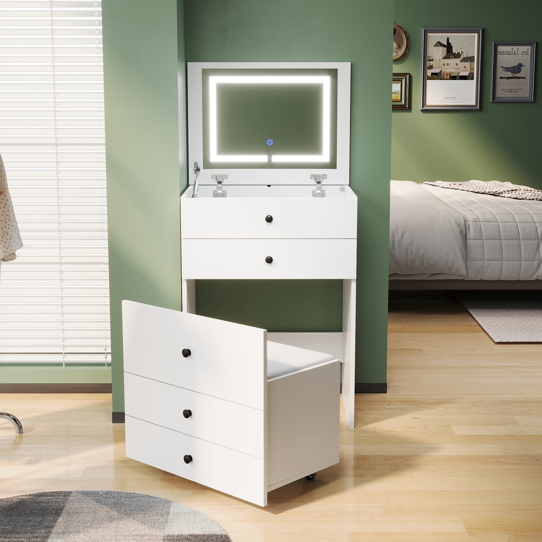 SIRHONA Coiffeuse multifonctionnelle avec chaise dissimulée et rangement divisé 59.2×42.6×127cm - SIRHONA