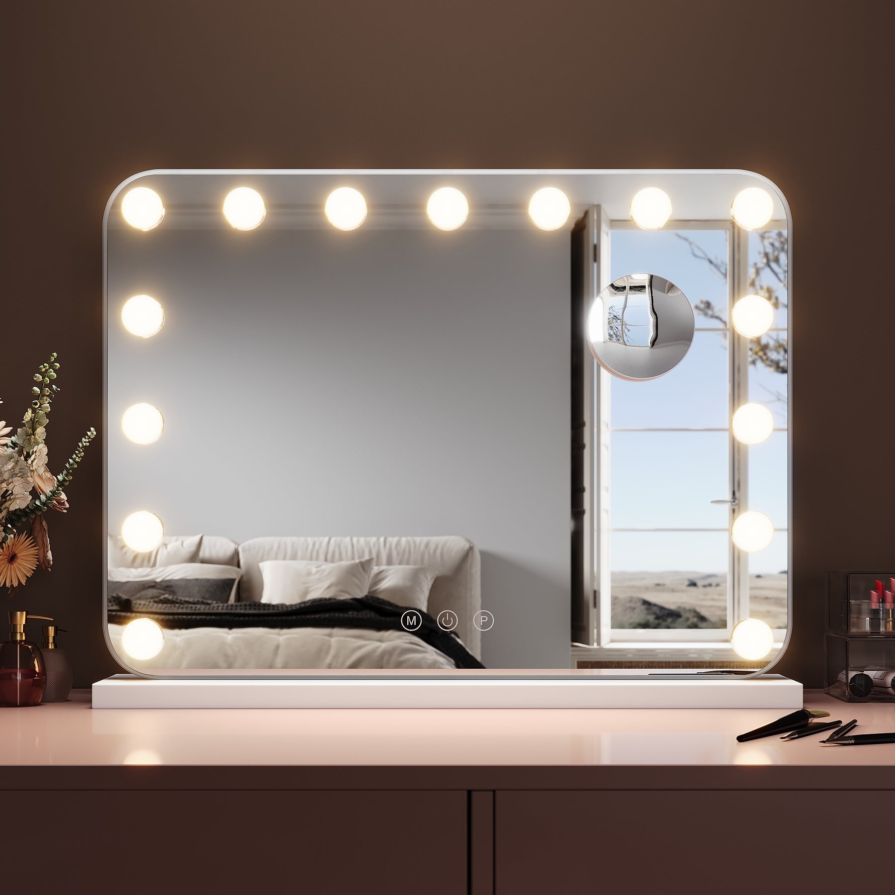 SIRHONA Miroir Mural Miroir Maquillage 58x43cm avec lumière RGB et ampoule LED Miroir Hollywood 3 couleurs