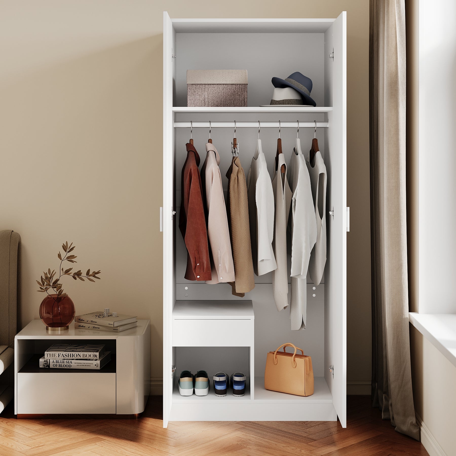 Armoire moderne 2 portes avec beaucoup d'espace de rangement, armoire polyvalente à portes battantes en blanc avec porte miroir, 76 x 47x 180cm - SIRHONA