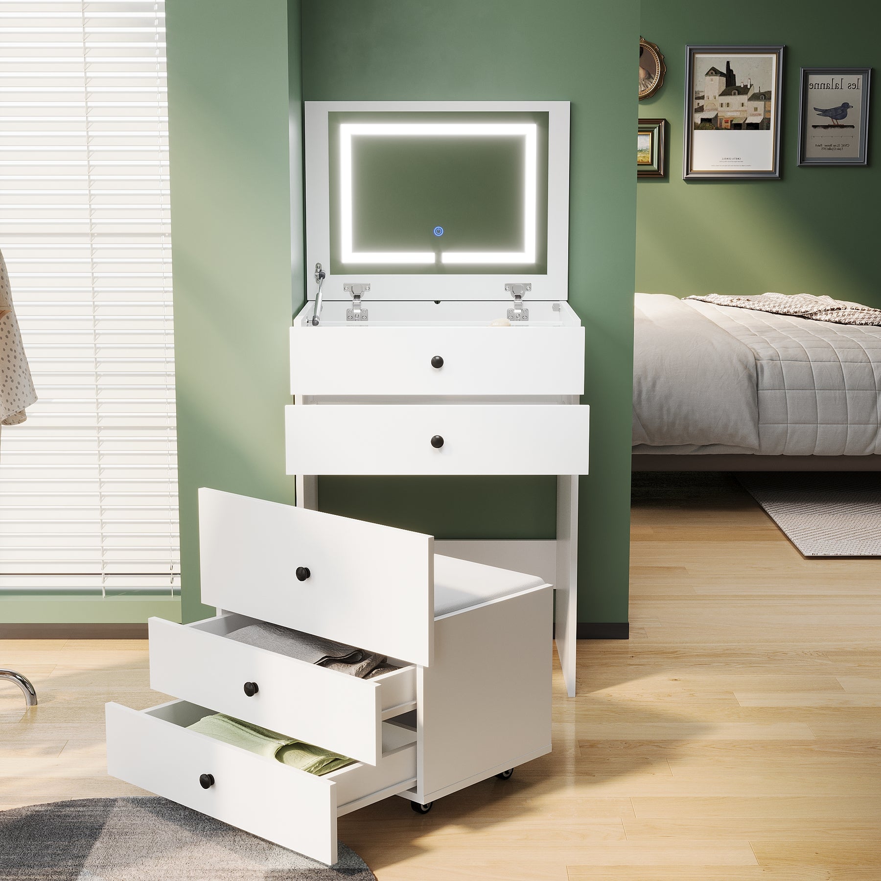 SIRHONA Coiffeuse multifonctionnelle avec chaise dissimulée et rangement divisé 59.2×42.6×127cm - SIRHONA