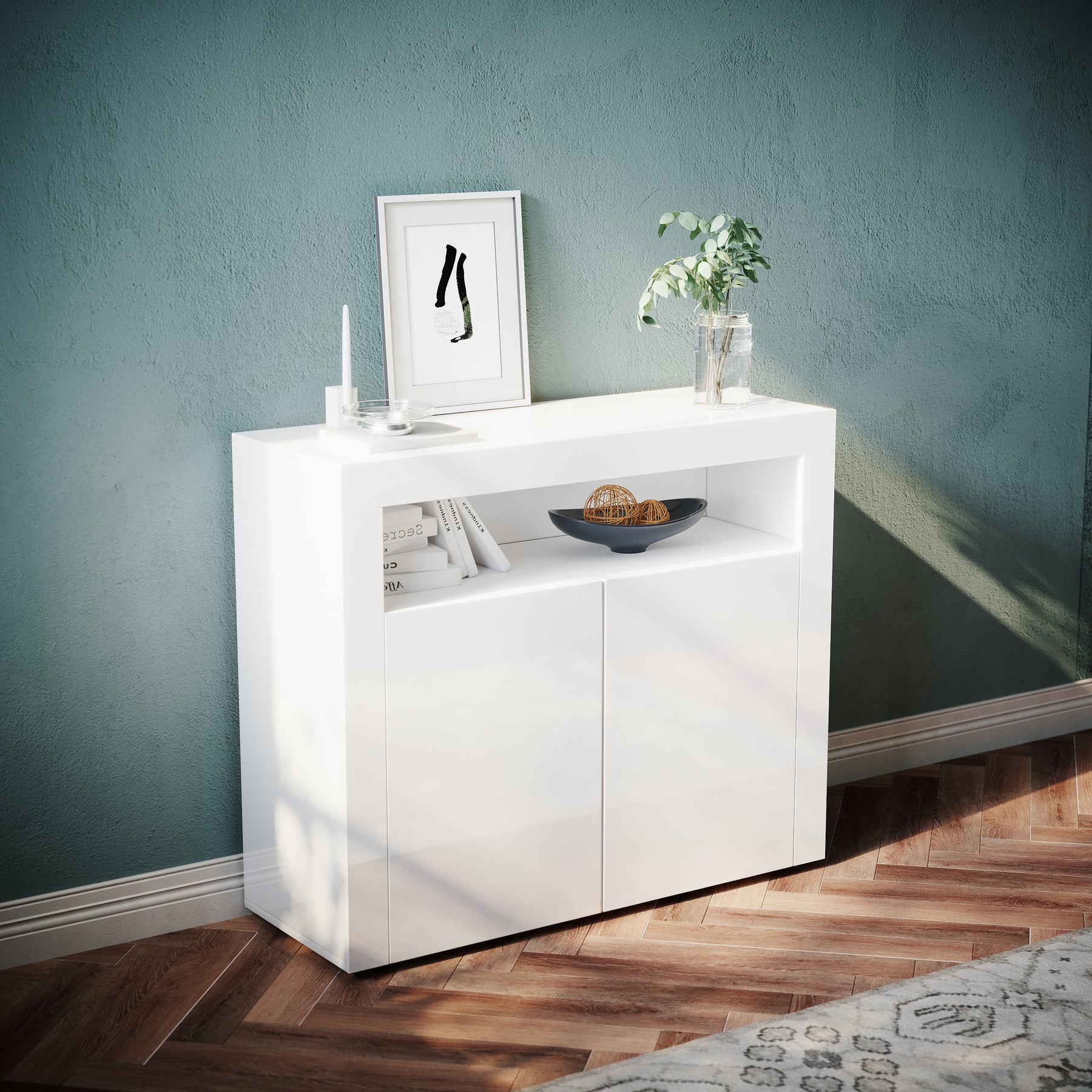 Commode Sideboard avec éclairage LED brillant Meuble de Armoire de salon, blanc - SIRHONA