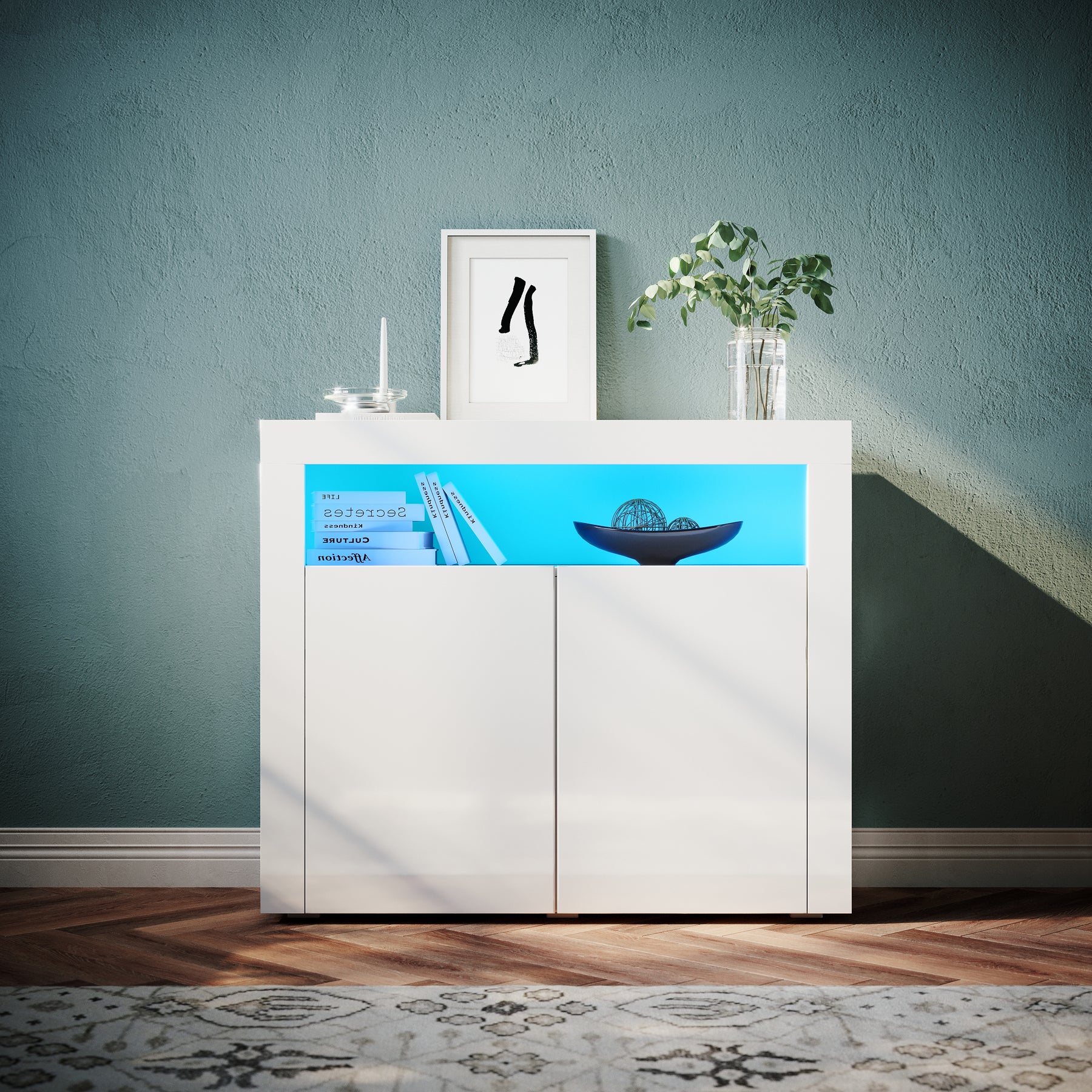 Commode Sideboard avec éclairage LED brillant Meuble de Armoire de salon, blanc - SIRHONA