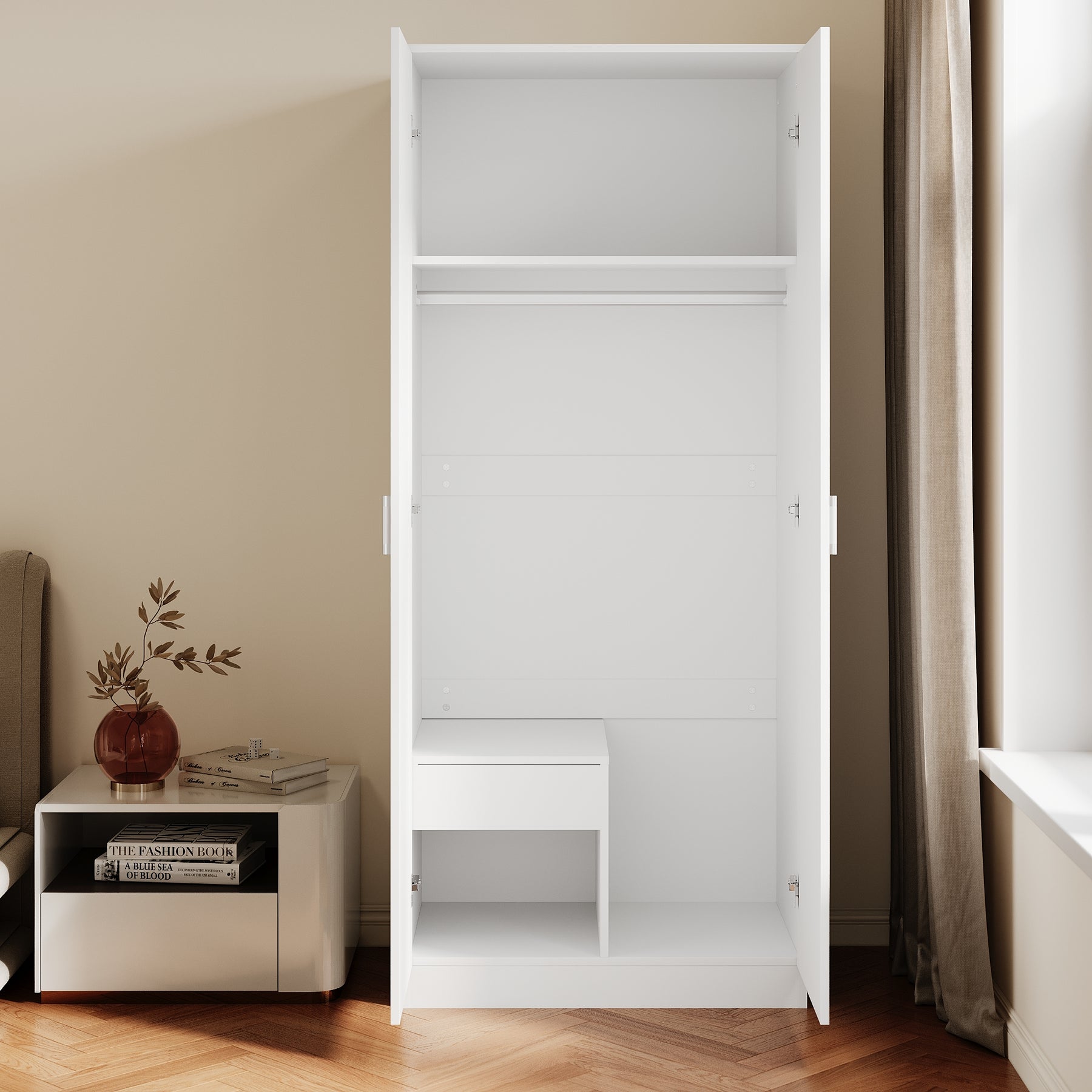 Armoire moderne 2 portes avec beaucoup d'espace de rangement, armoire polyvalente à portes battantes en blanc avec porte miroir, 76 x 47x 180cm - SIRHONA