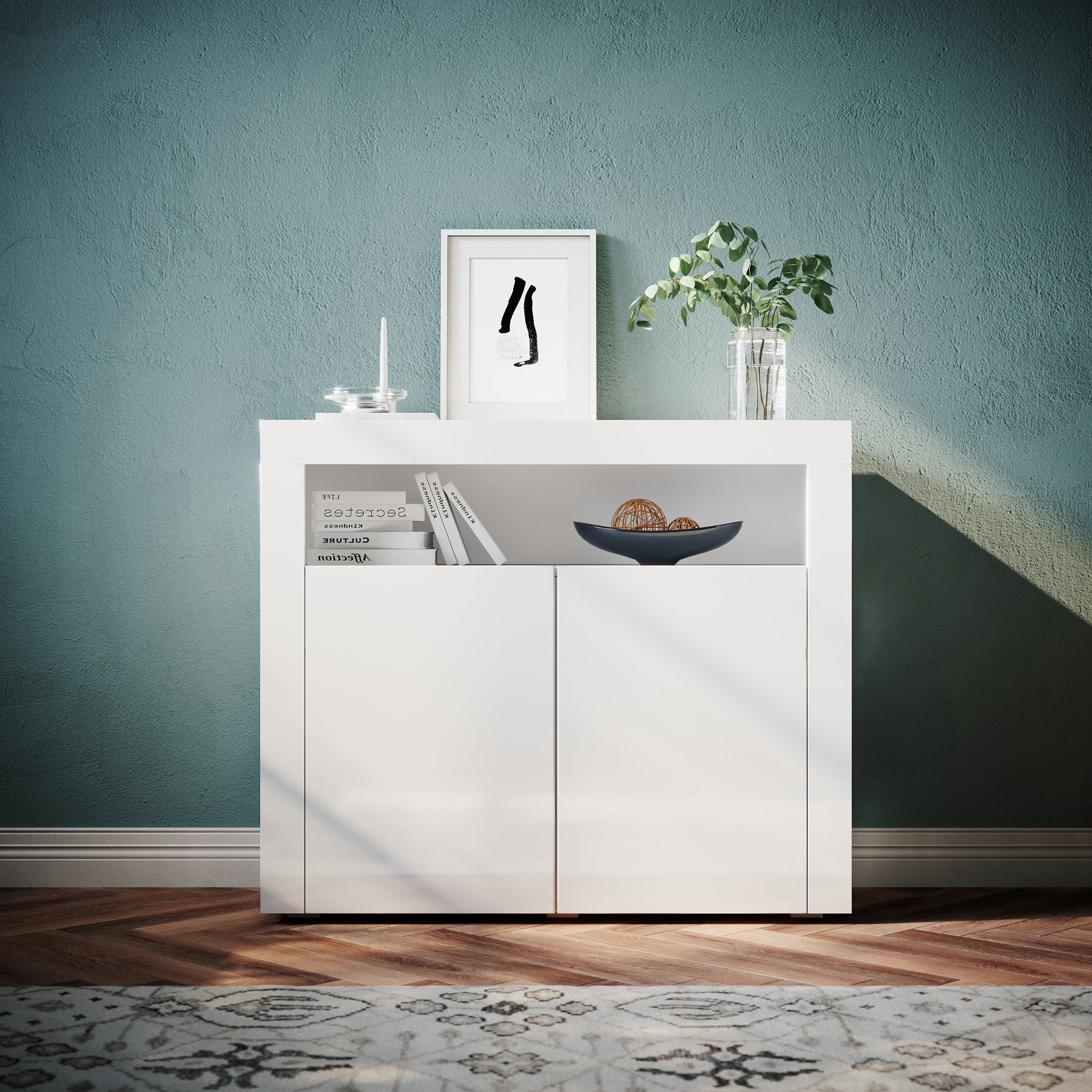 Commode Sideboard avec éclairage LED brillant Meuble de Armoire de salon, blanc - SIRHONA