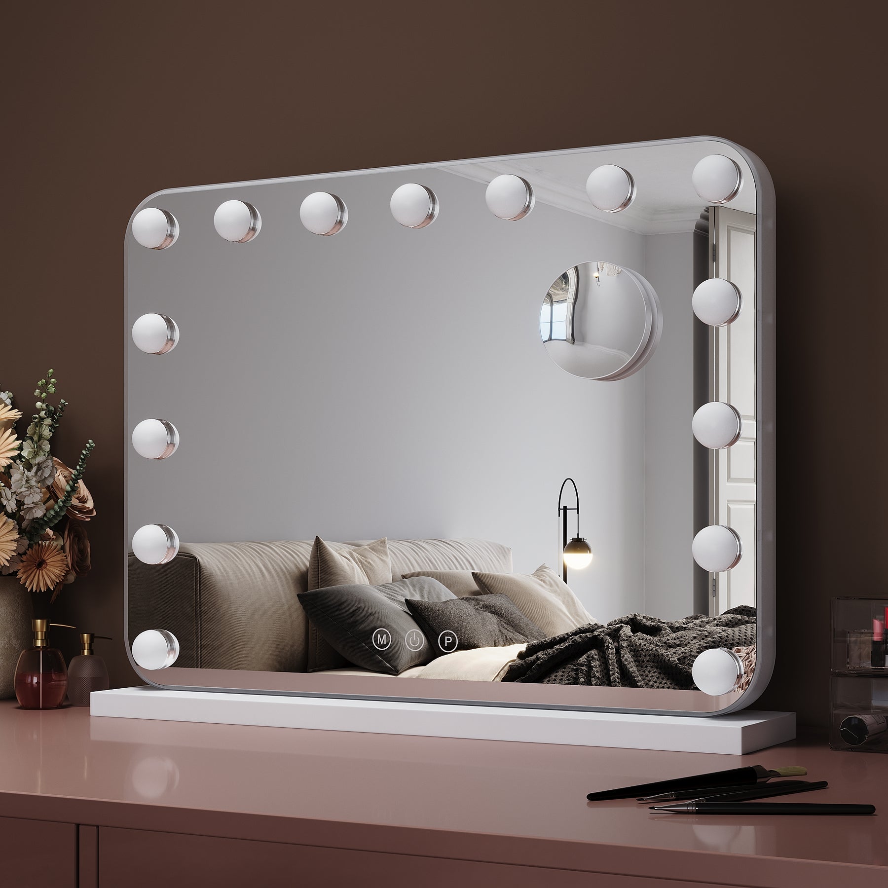 SIRHONA Miroir Mural Miroir Maquillage 58x43cm avec lumière RGB et ampoule LED Miroir Hollywood 3 couleurs