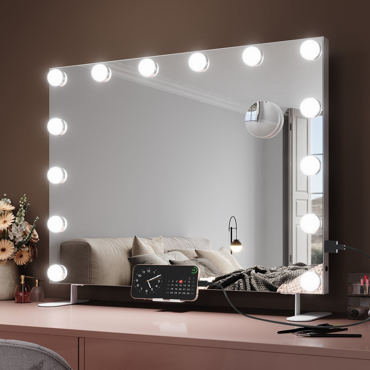 SIRHONA Miroir Maquillage 80x60cm avec 14 ampoules LED Miroir Hollywood 3 couleurs luminosité - SIRHONA