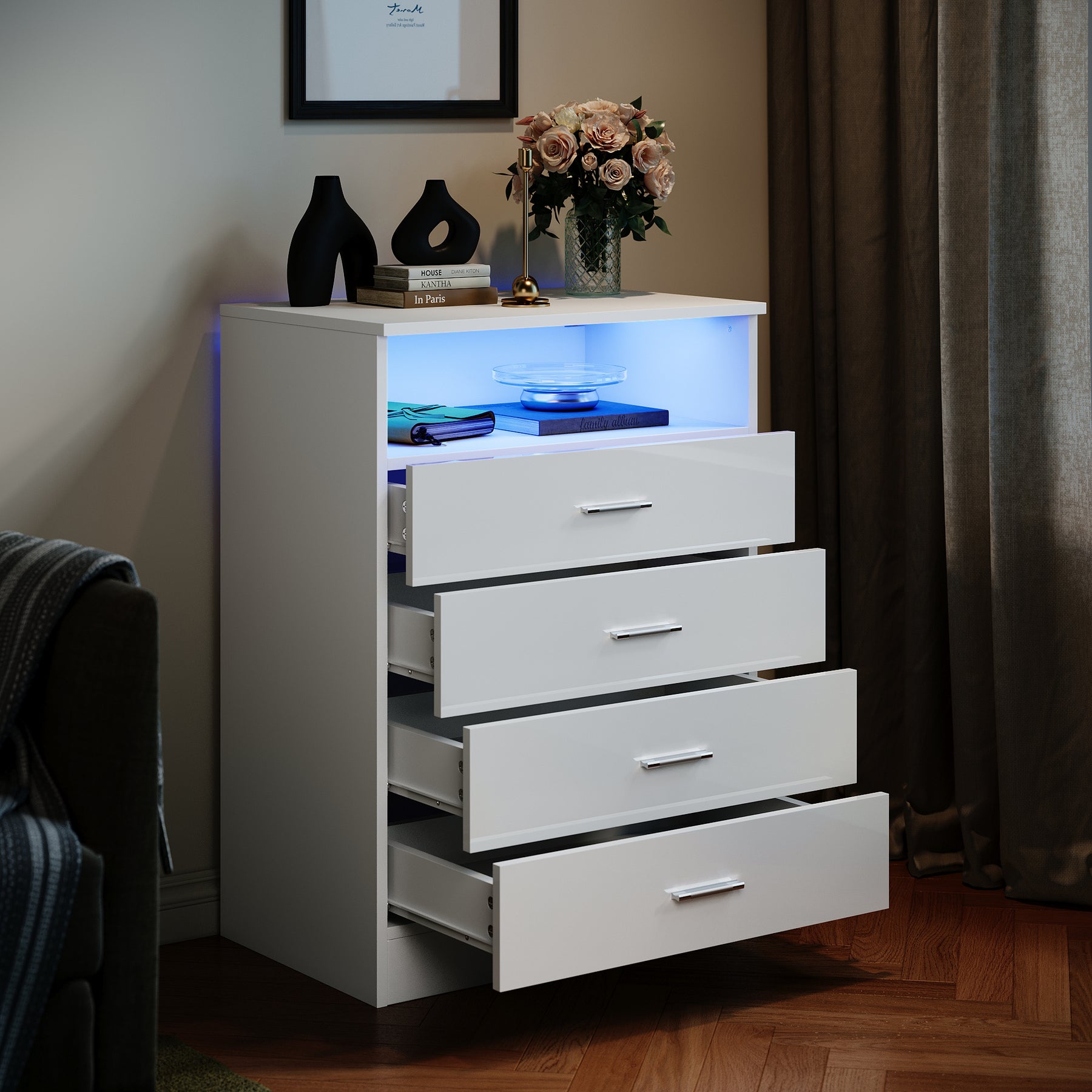 SIRHONA Commode Verticale LED 4 Tiroirs Blanche Brillante W 60 x D 40 x H 83 cm - SIRHONA