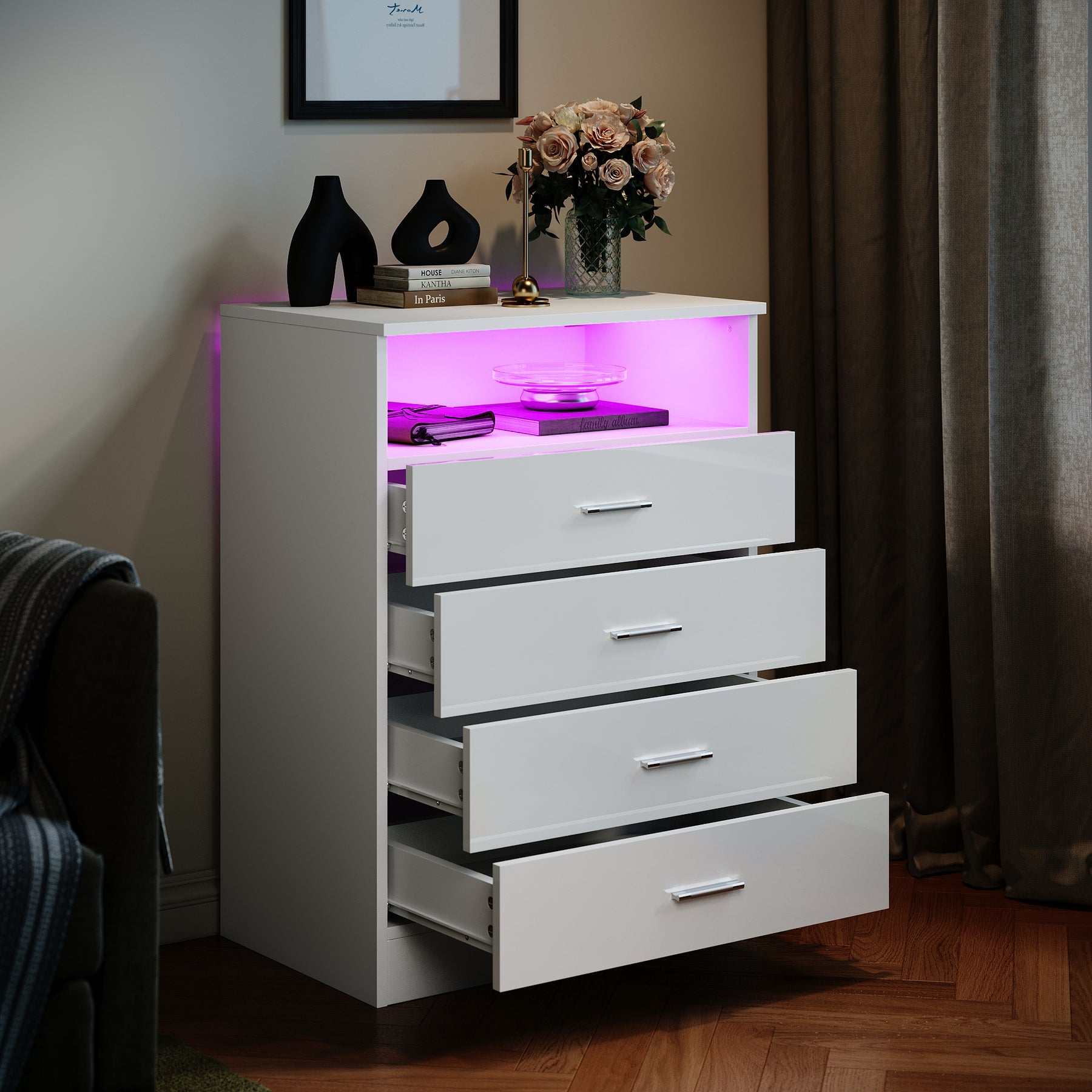 SIRHONA Commode Verticale LED 4 Tiroirs Blanche Brillante W 60 x D 40 x H 83 cm - SIRHONA