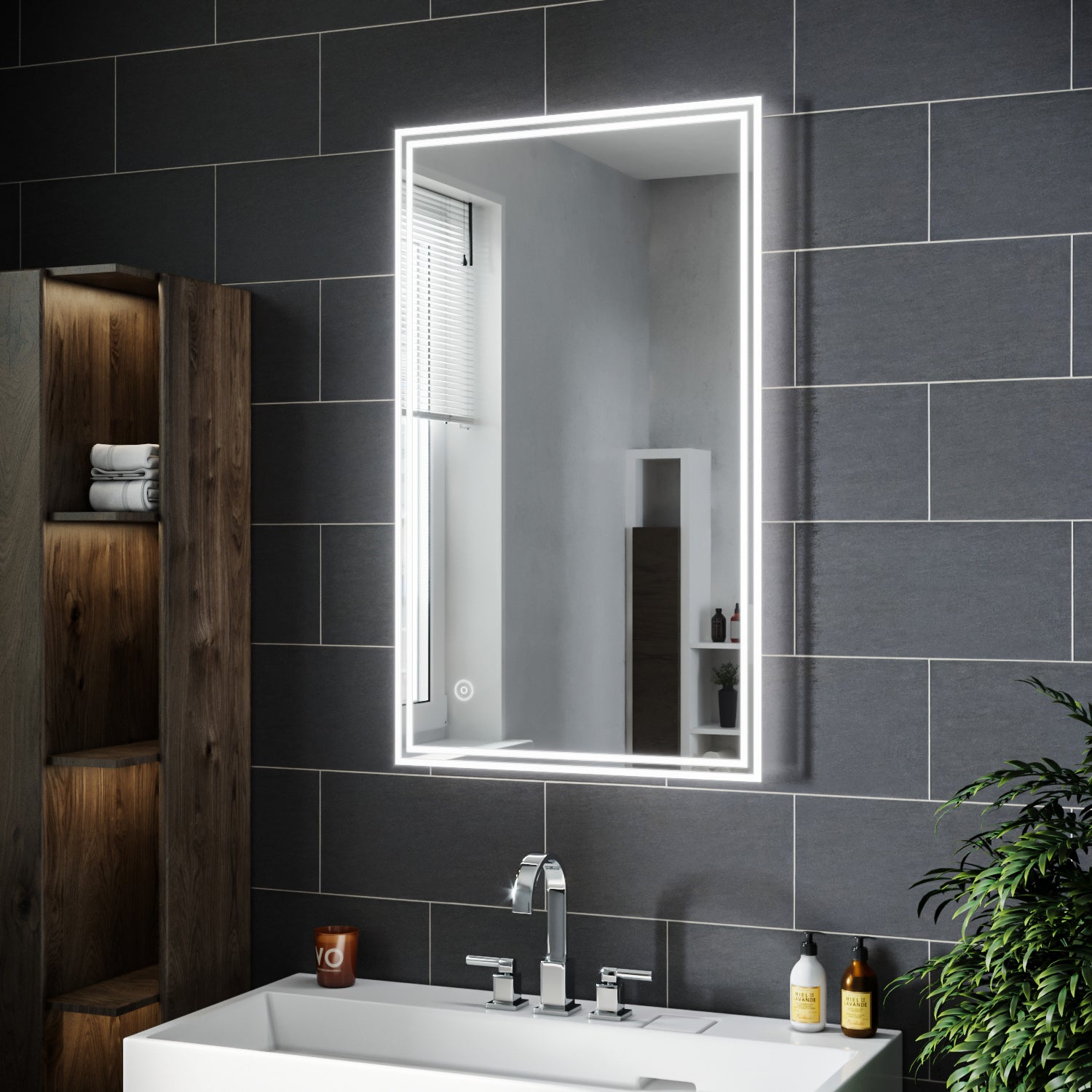 SIRHONA Miroir led Miroir de salle de bains avec éclairage LED Miroir Cosmétiques Mural Lumière Illumination avec Commande par Effleurement 100x60 CM - SIRHONA