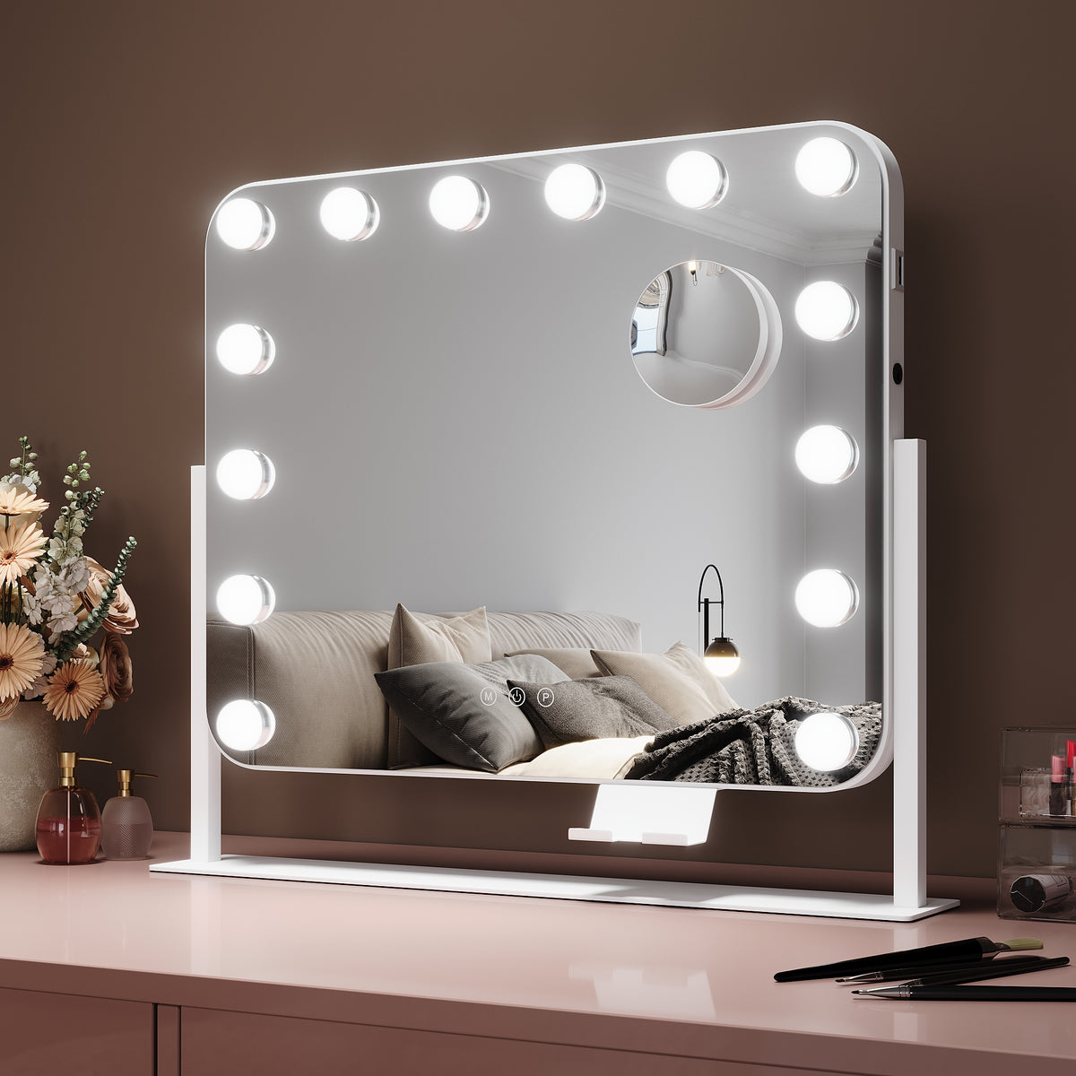 SIRHONA Miroir rotatif à 360° 50x40cm avec 14 ampoules LED Miroir Hollywood 3 couleurs luminosité réglable - SIRHONA