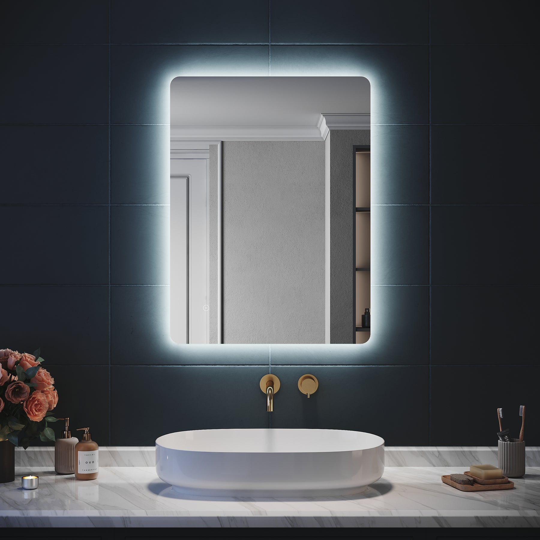 SIRHONA Miroir LED Salle de Bain 80x60cm Miroir Lumineux Salle de Bain avec Eclairage Intégré Anti-buée - SIRHONA