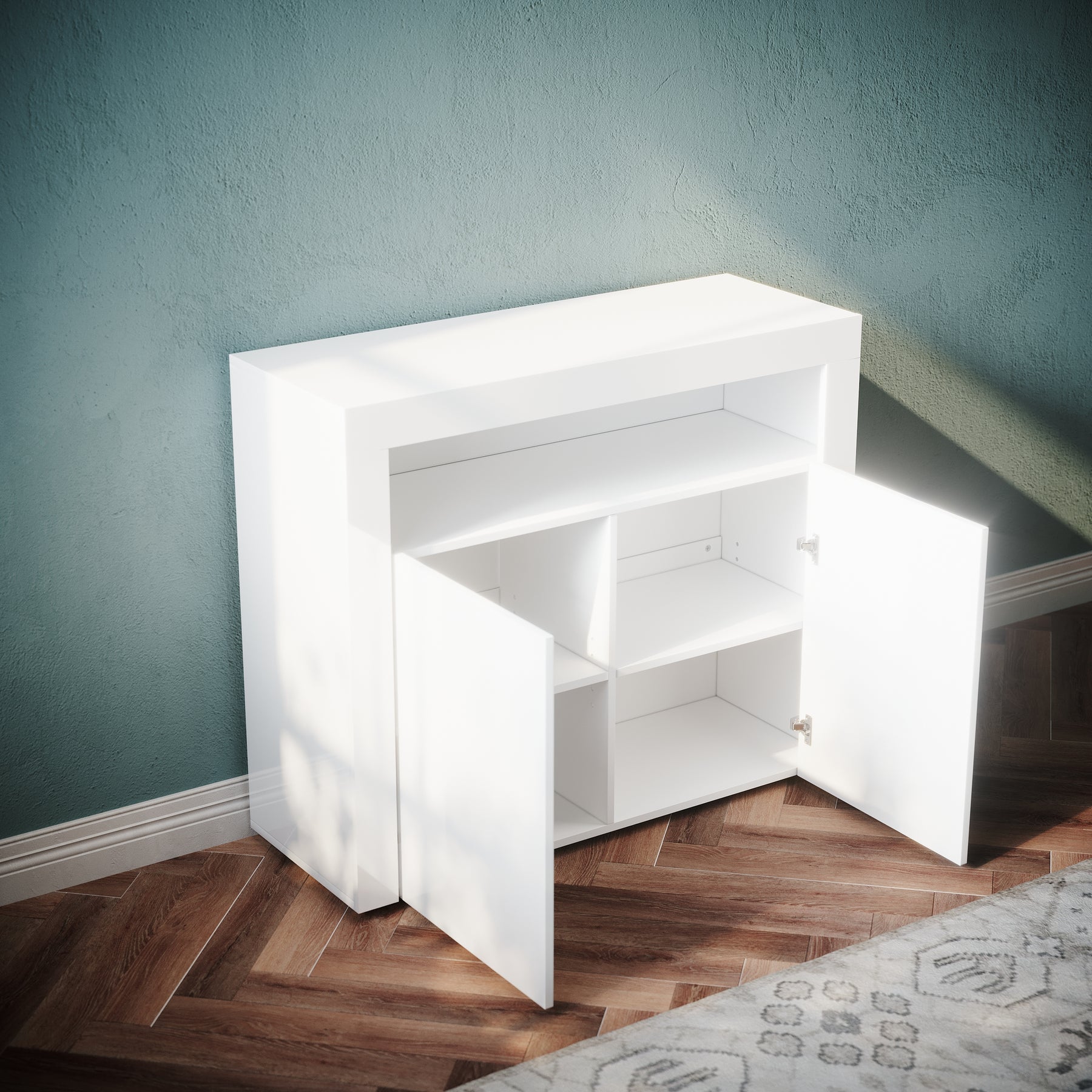 Commode Sideboard avec éclairage LED brillant Meuble de Armoire de salon, blanc - SIRHONA