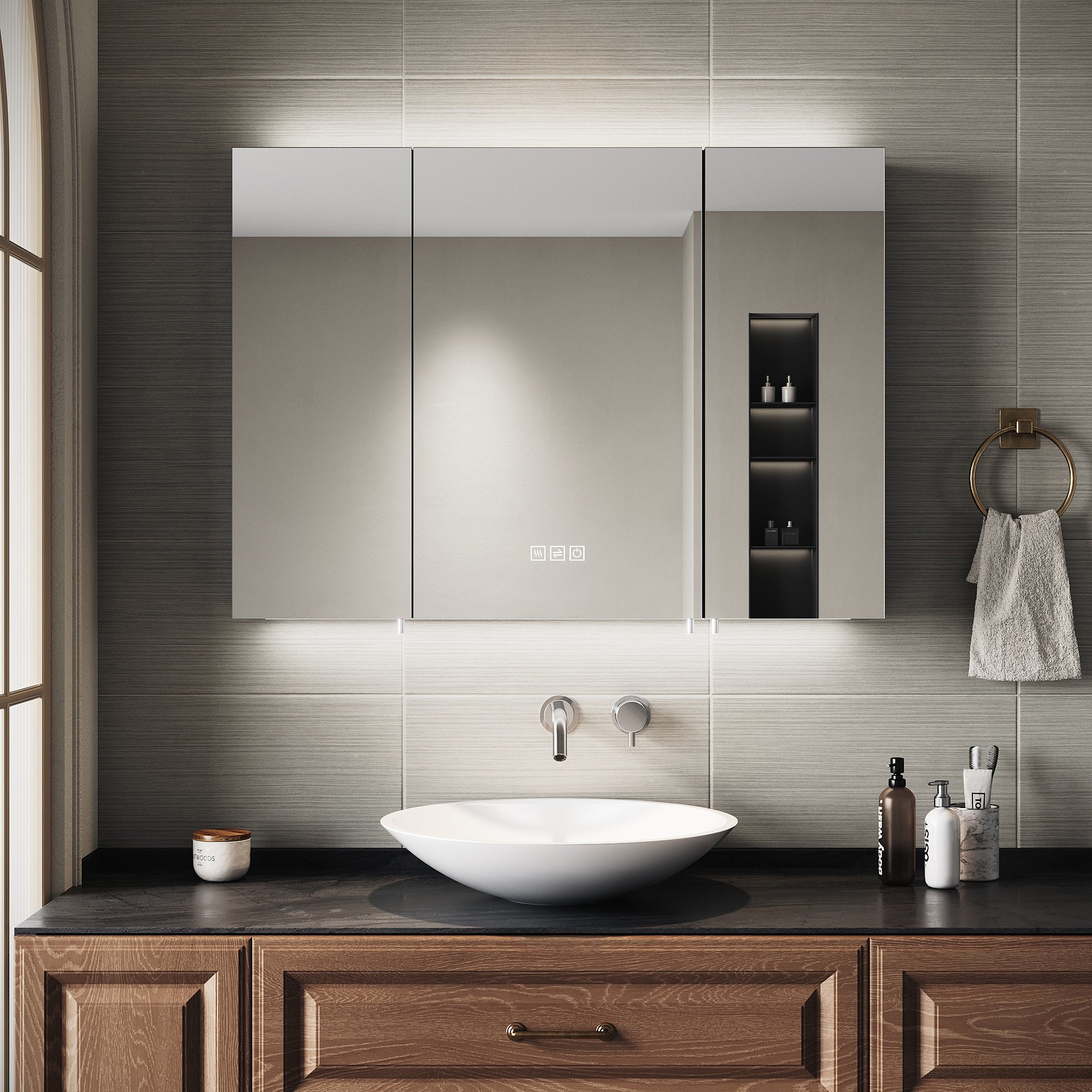 SIRHONA Armoire de Toilette Miroir, Armoire Murale avec Éclairage LED et Prises de Courant, 90 x 65 x 13cm - SIRHONA