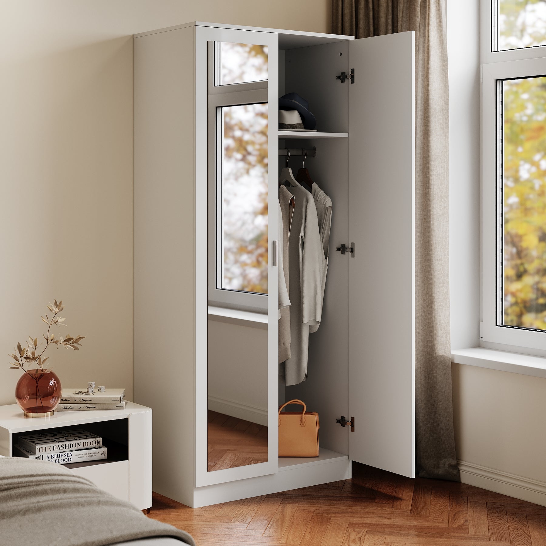 Armoire moderne 2 portes avec beaucoup d'espace de rangement, armoire polyvalente à portes battantes en blanc avec porte miroir, 76 x 47x 180cm - SIRHONA