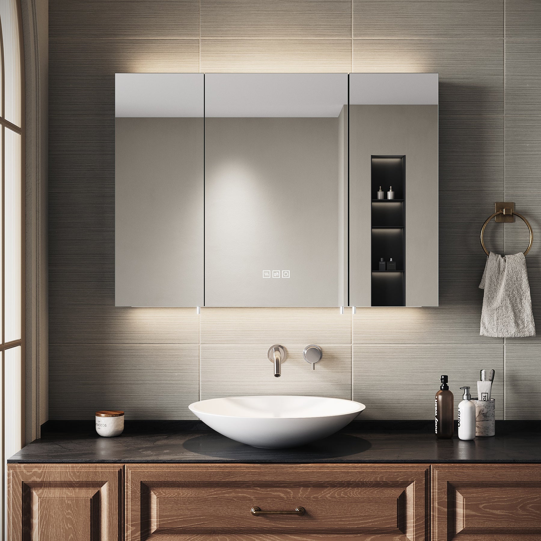 SIRHONA Armoire de Toilette Miroir, Armoire Murale avec Éclairage LED et Prises de Courant, 90 x 65 x 13cm - SIRHONA