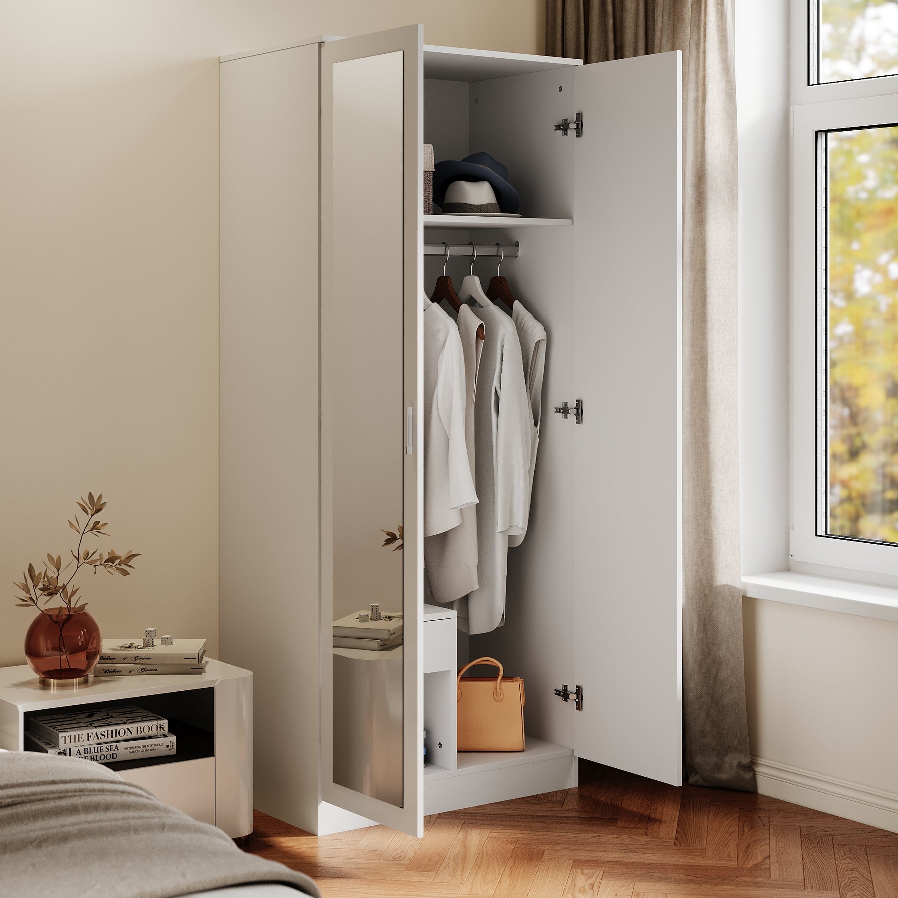 Armoire moderne 2 portes avec beaucoup d'espace de rangement, armoire polyvalente à portes battantes en blanc avec porte miroir, 76 x 47x 180cm - SIRHONA