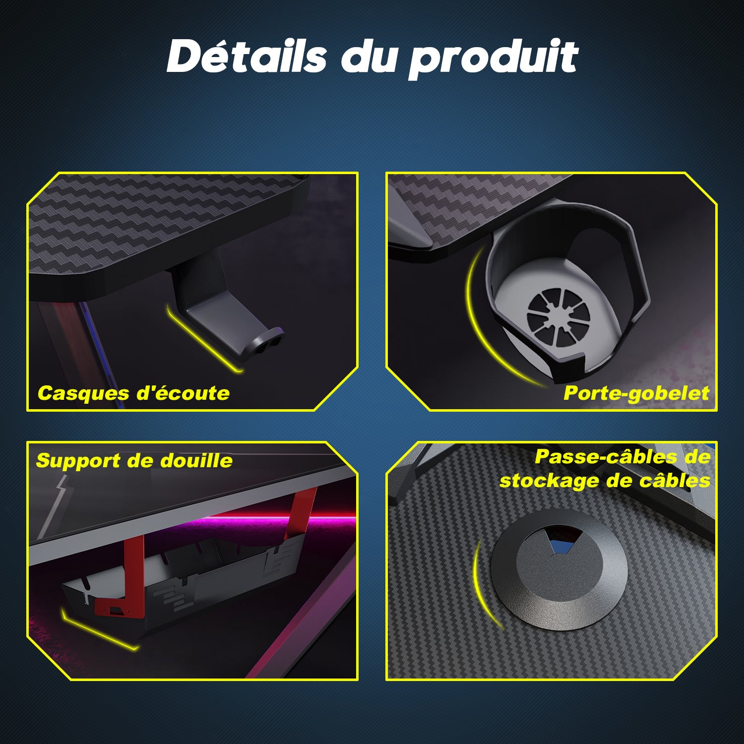Bureau gamer table de jeu table d'ordinateur Ergonomie Matériau métallique 140x60x75cm Lumière surround RVB 7 couleurs Fente de stockage- SIRHONA