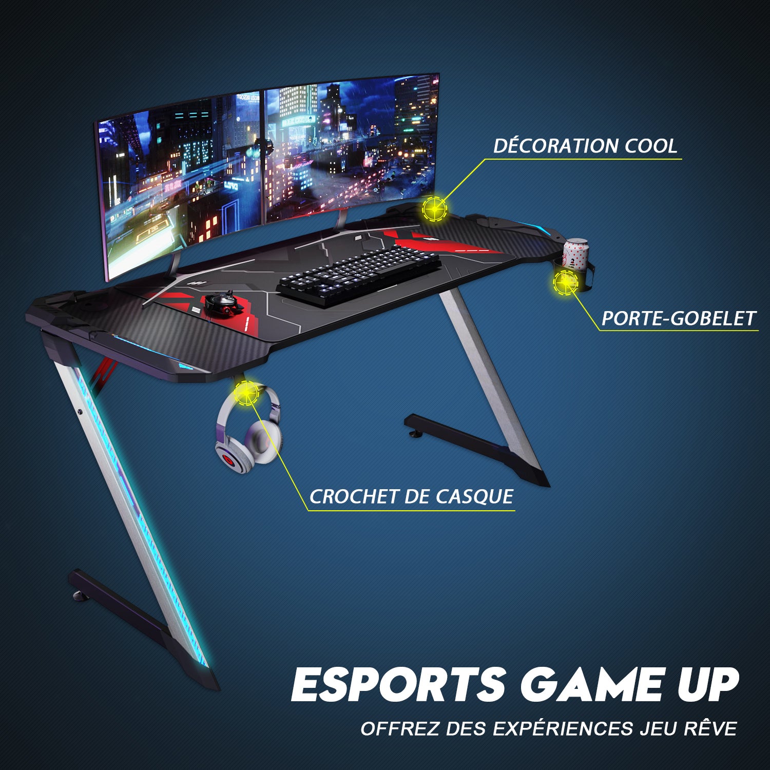 Bureau gamer table de jeu table d'ordinateur Ergonomie Matériau métallique 140x60x75cm Lumière surround RVB 7 couleurs Fente de stockage- SIRHONA