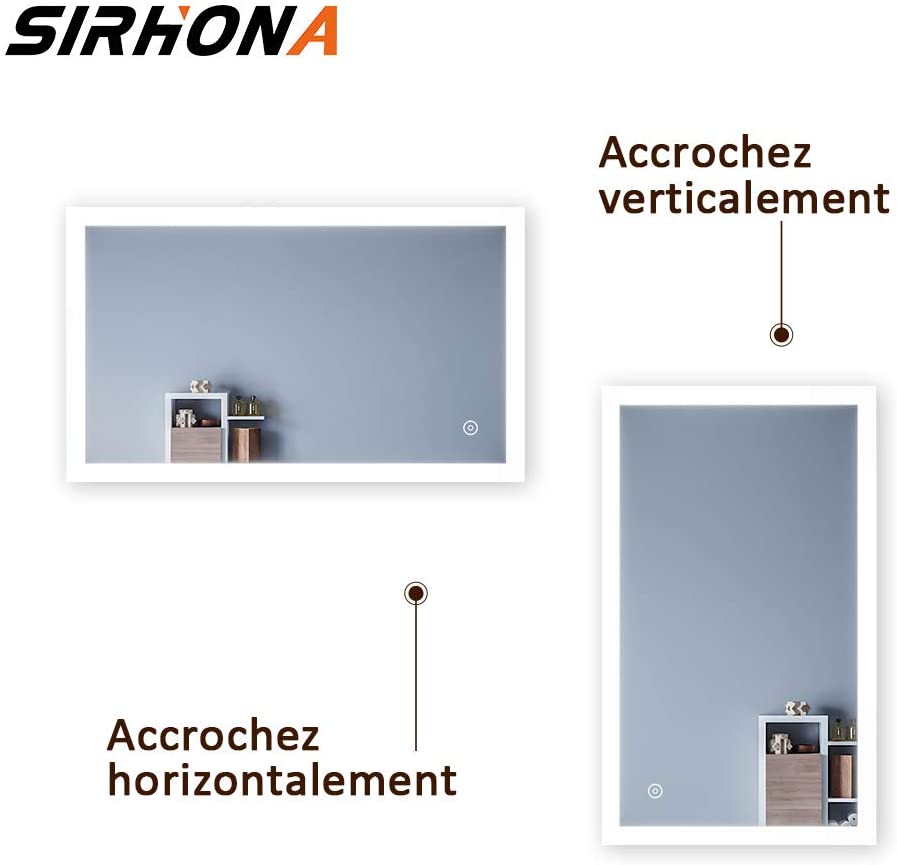 SIRHONA Miroir LED Salle de Bains avec éclairage LED Miroir Muraux AVCE Anti-buée Fonction Cosmétiques Mural Lumière Illumination - SIRHONA