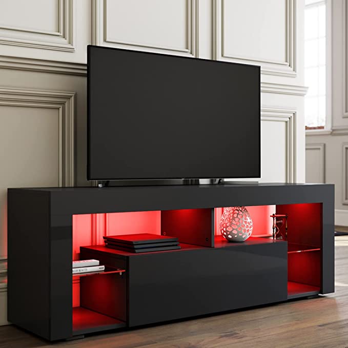 SIRHONA Meuble TV LED Noir, Banc TV 140x35x51cm, Éclairage LED RGB avec Couleur réglable, Capacité de Charge 30 kg, Convient pour Salon ou Chambre - SIRHONA
