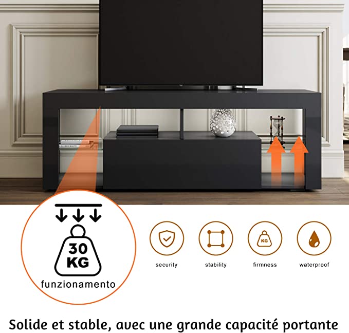 SIRHONA Meuble TV LED Noir, Banc TV 140x35x51cm, Éclairage LED RGB avec Couleur réglable, Capacité de Charge 30 kg, Convient pour Salon ou Chambre - SIRHONA