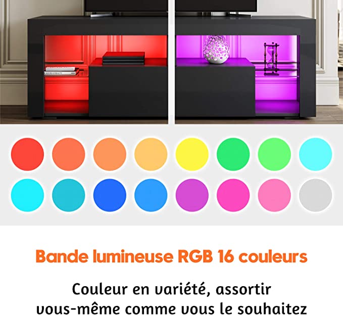 SIRHONA Meuble TV LED Noir, Banc TV 140x35x51cm, Éclairage LED RGB avec Couleur réglable, Capacité de Charge 30 kg, Convient pour Salon ou Chambre - SIRHONA