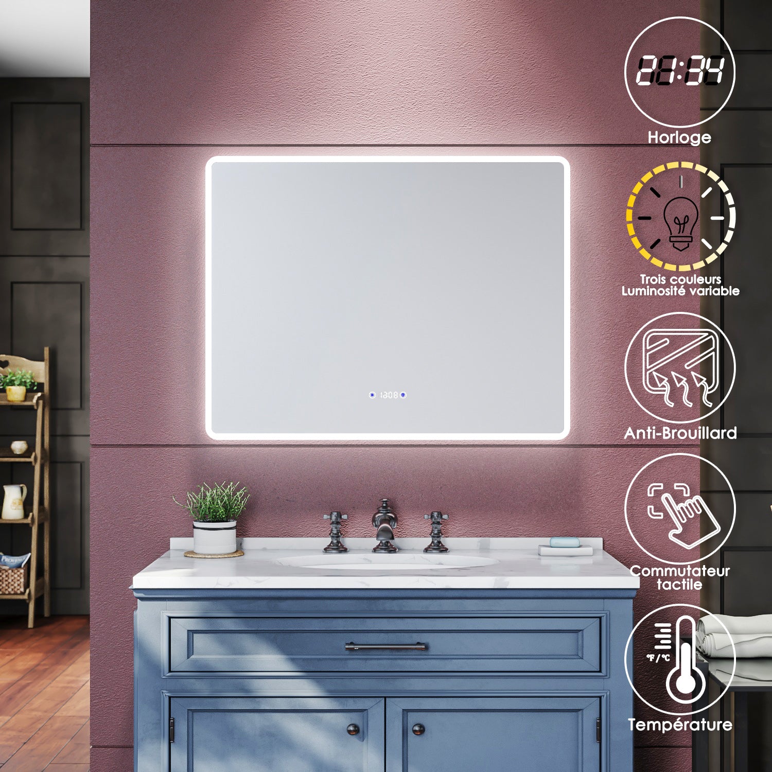SIRHONA Miroir de salle de bains 900x700x35mm - Miroirs cosmétiques muraux - Miroir avec led illumination - Trois températures de couleur - Antibuée avec réglage de l'heure - SIRHONA