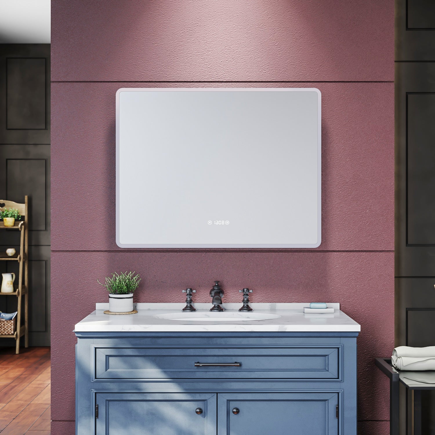 SIRHONA Miroir de salle de bains 900x700x35mm - Miroirs cosmétiques muraux - Miroir avec led illumination - Trois températures de couleur - Antibuée avec réglage de l'heure - SIRHONA