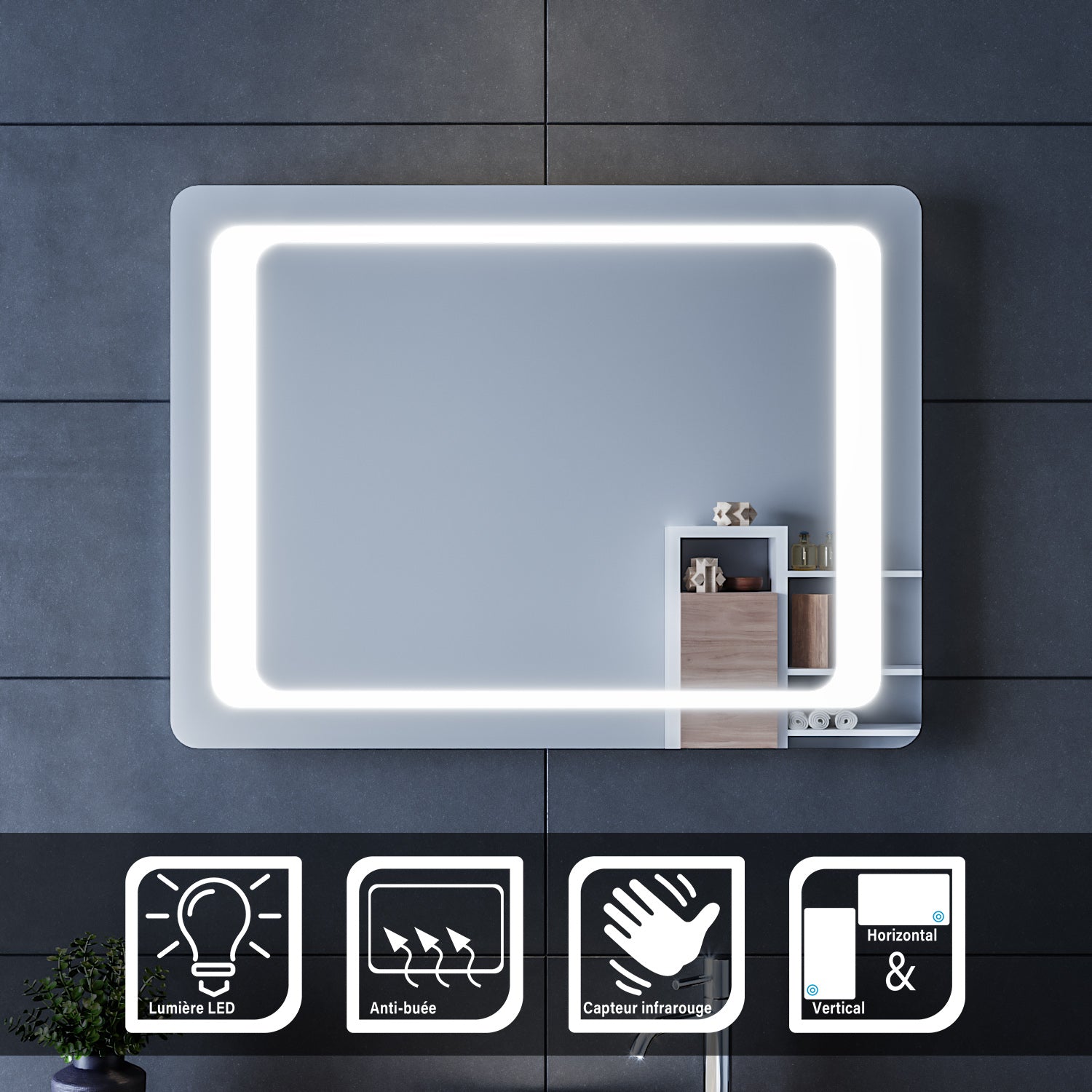 SIRHONA Miroir LED Salle de Bains avec éclairage LED Miroir Muraux AVCE Anti-buée Fonction Cosmétiques Mural Lumière Illumination - SIRHONA