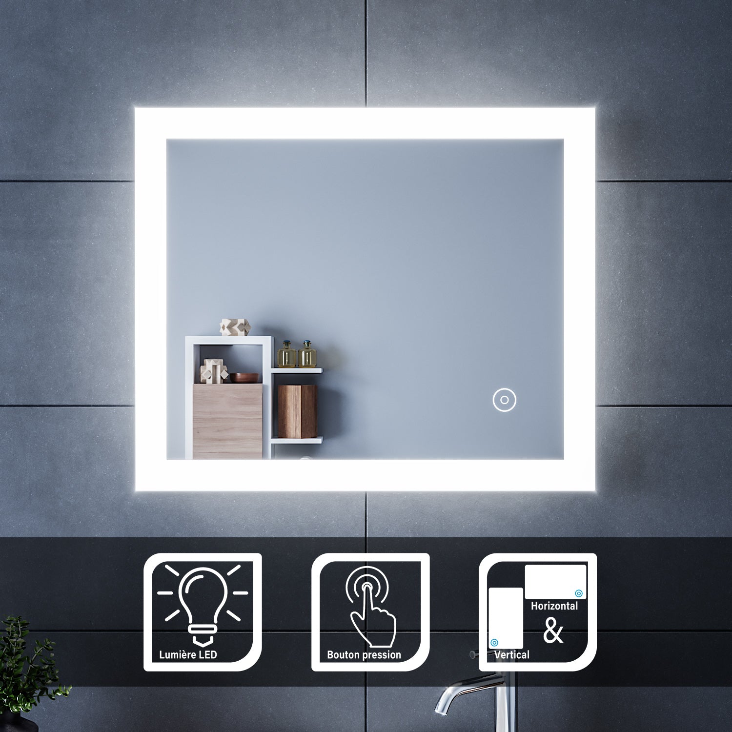 SIRHONA Miroir LED Salle de Bains avec éclairage LED Miroir Muraux AVCE Anti-buée Fonction Cosmétiques Mural Lumière Illumination - SIRHONA