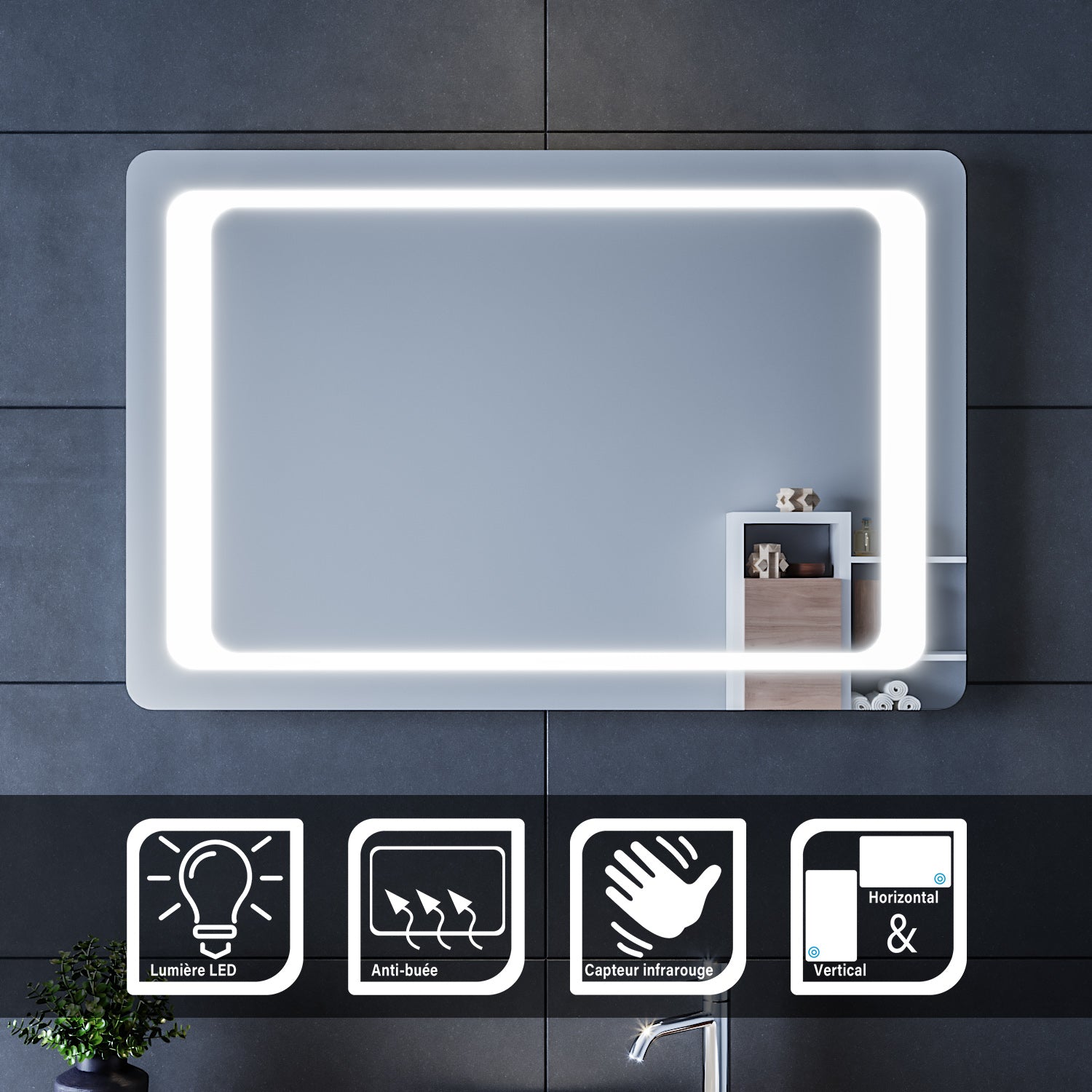 SIRHONA Miroir LED Salle de Bains avec éclairage LED Miroir Muraux AVCE Anti-buée Fonction Cosmétiques Mural Lumière Illumination - SIRHONA