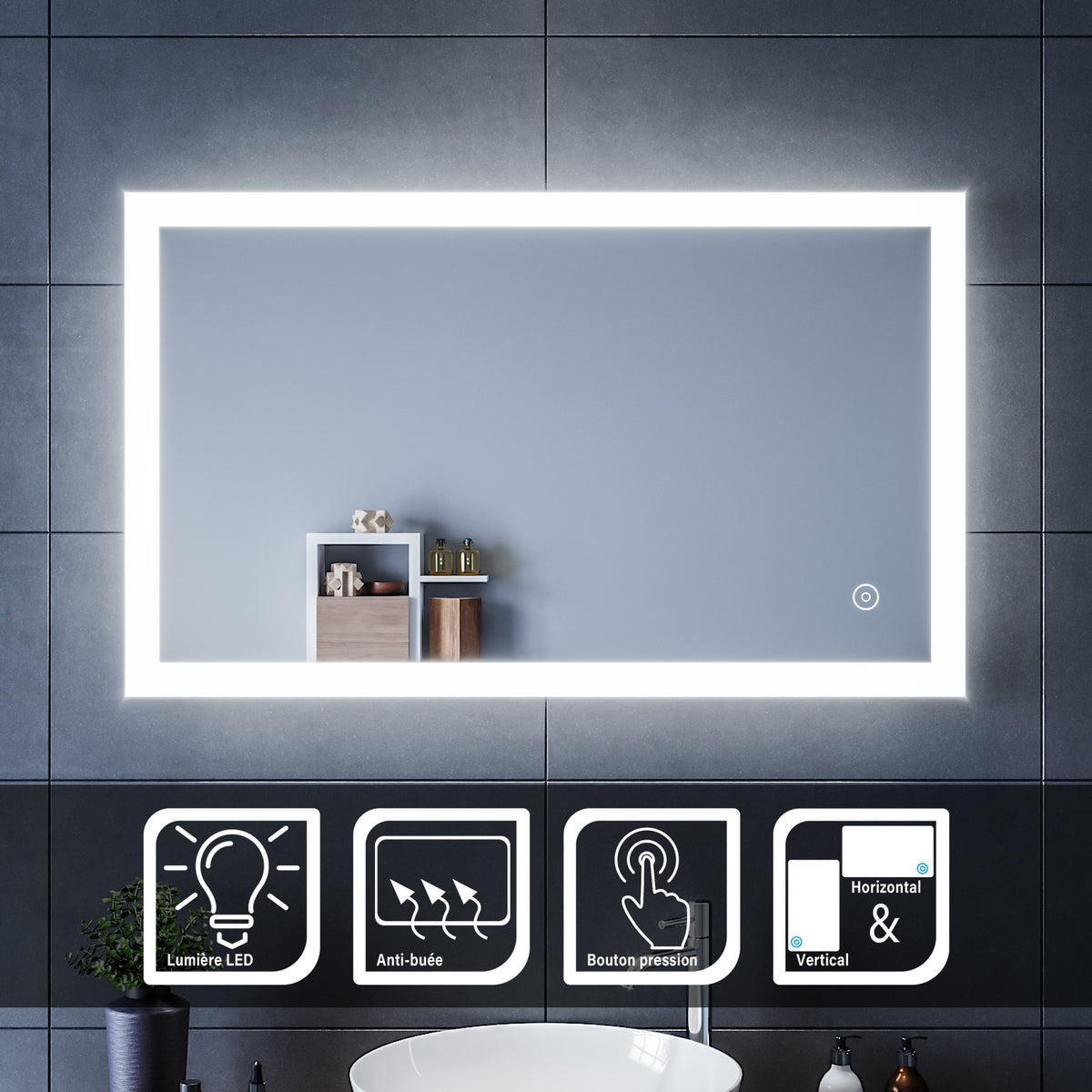 SIRHONA Miroir LED Salle de Bains avec éclairage LED Miroir Muraux AVCE Anti-buée Fonction Cosmétiques Mural Lumière Illumination - SIRHONA