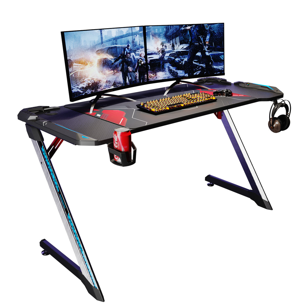 Bureau gamer table de jeu table d'ordinateur Ergonomie Matériau métallique 140x60x75cm Lumière surround RVB 7 couleurs Fente de stockage- SIRHONA