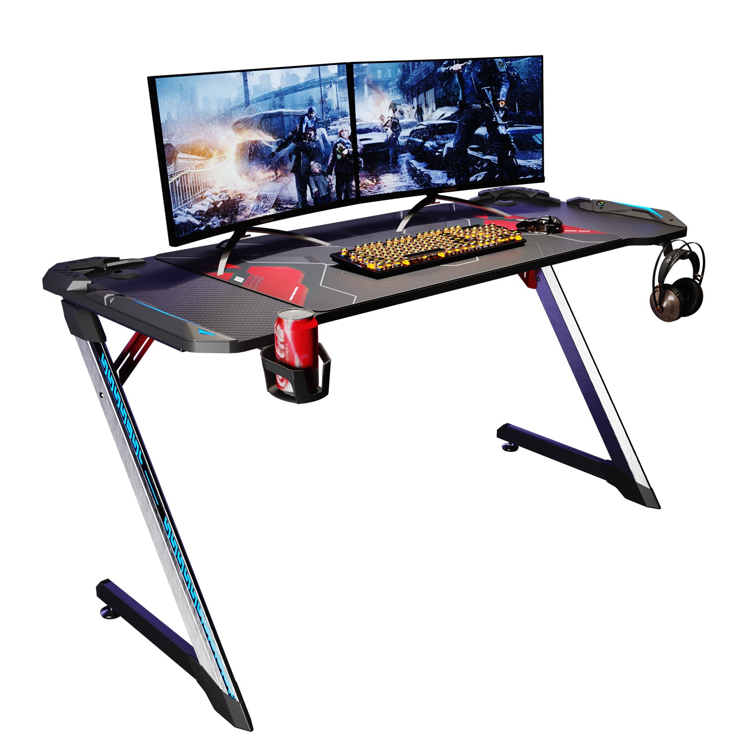 Bureau gamer table de jeu table d'ordinateur Ergonomie Matériau métallique 140x60x75cm Lumière surround RVB 7 couleurs Fente de stockage- SIRHONA