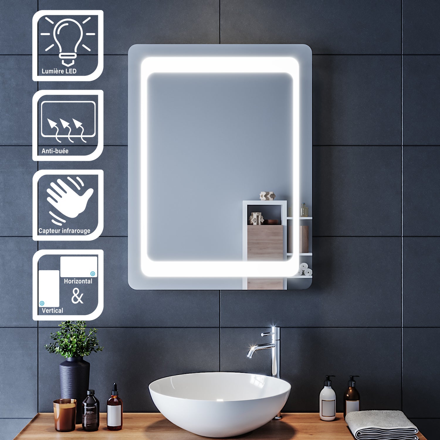 SIRHONA Miroir LED Salle de Bains avec éclairage LED Miroir Muraux AVCE Anti-buée Fonction Cosmétiques Mural Lumière Illumination - SIRHONA