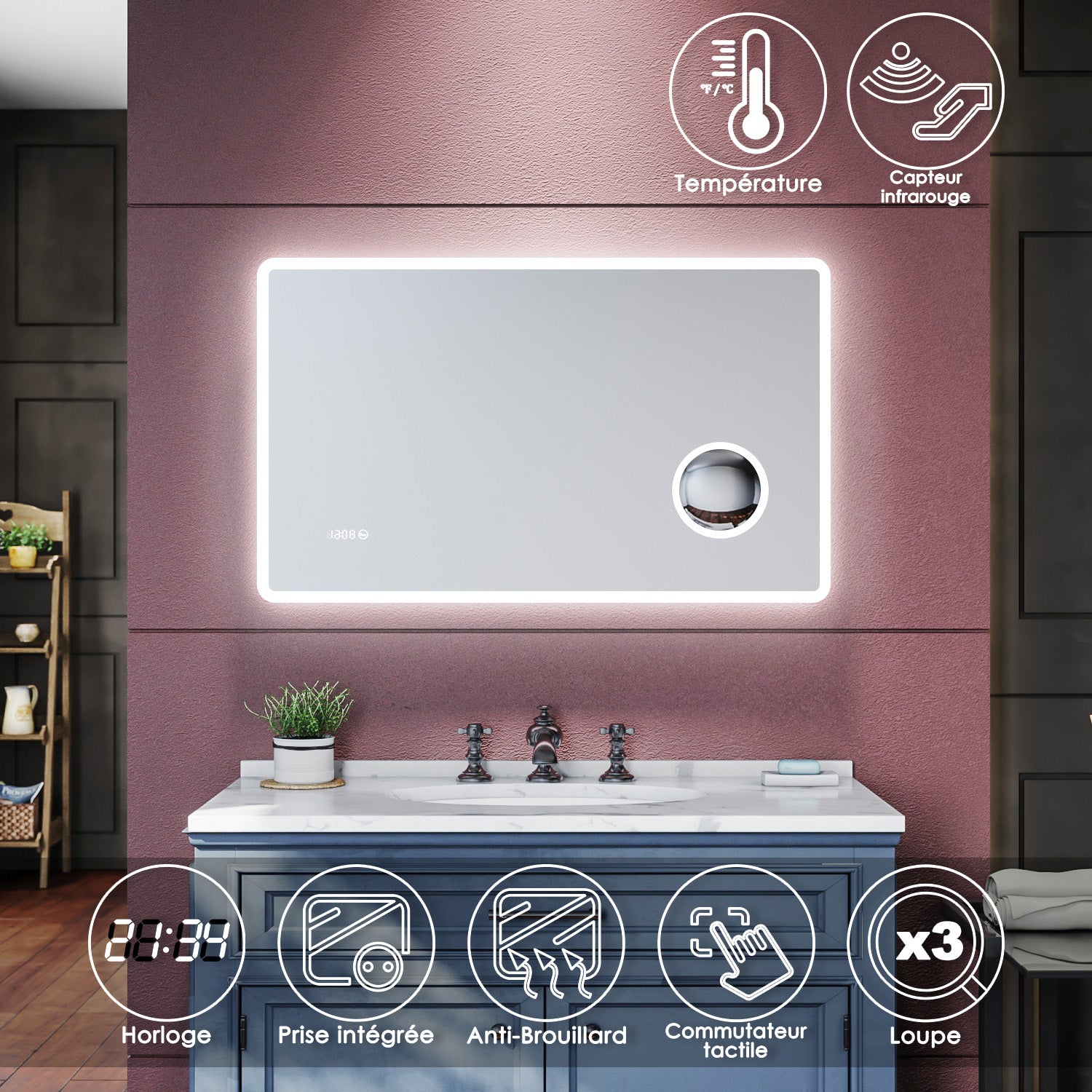 Miroir de salle de bains 1000 x 600 x 40mm - Miroirs cosmétiques muraux - Miroir avec led illumination - Miroir grossissant 3X - Blanc froid - Avec prise rasoir - Anti-poussière et antibuée, SIRHONA - SIRHONA