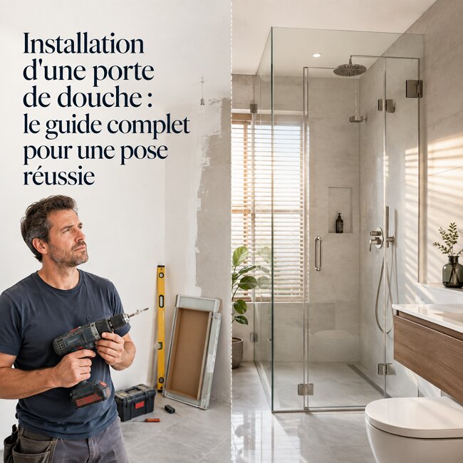 Installation porte de douche sans cadre dans une salle de bain moderne avec carrelage blanc et lumineux