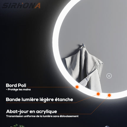 SIRHONA 60-80cm Miroir de Salle de Bain à LED Rond Anti-buée avec éclairage intégré Blanc Froid Miroir Rond Mural - SIRHONA