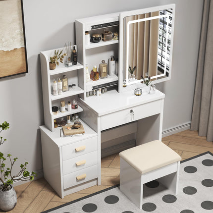 Coiffeuse élégante avec miroir et éclairage, comprenant un tabouret moelleux, un miroir de maquillage éclairé, blanche, 85x36x130cm