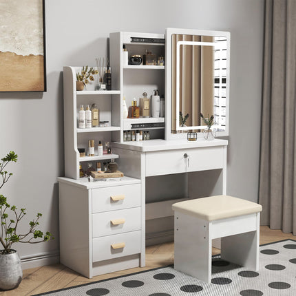 Coiffeuse élégante avec miroir et éclairage, comprenant un tabouret moelleux, un miroir de maquillage éclairé, blanche, 85x36x130cm