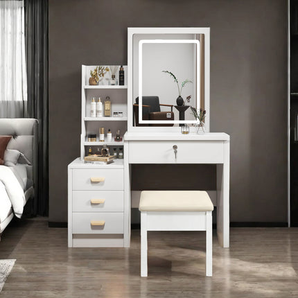 Coiffeuse élégante avec miroir et éclairage, comprenant un tabouret moelleux, un miroir de maquillage éclairé, blanche, 85x36x130cm