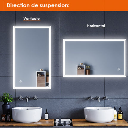 SIRHONA Miroir led 50x70 CM Miroir de salle de bains avec éclairage LED Miroir Cosmétiques Mural Lumière Illumination avec Prise Rasoir Bouton de commutation - SIRHONA