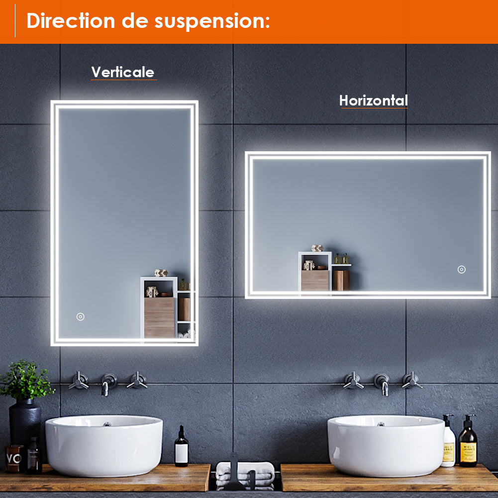 SIRHONA Miroir led 50x70 CM Miroir de salle de bains avec éclairage LED Miroir Cosmétiques Mural Lumière Illumination avec Prise Rasoir Bouton de commutation - SIRHONA