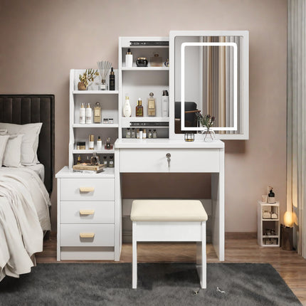 Coiffeuse élégante avec miroir et éclairage, comprenant un tabouret moelleux, un miroir de maquillage éclairé, blanche, 85x36x130cm