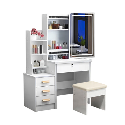 Coiffeuse élégante avec miroir et éclairage, comprenant un tabouret moelleux, un miroir de maquillage éclairé, blanche, 85x36x130cm