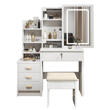 Coiffeuse élégante avec miroir et éclairage, comprenant un tabouret moelleux, un miroir de maquillage éclairé, blanche, 85x36x130cm