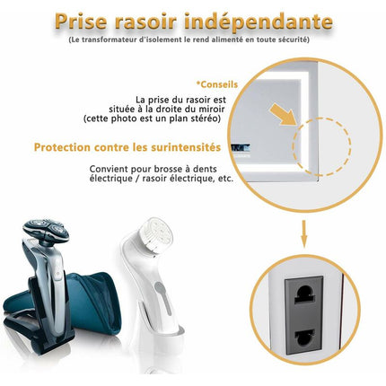 SIRHONA Miroir de salle de bains LED Miroir salle de bain avec prise de courant Anti-buée avec éclairage Miroir grossissant 3X Blanc froid 90x70cm - SIRHONA